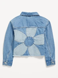 Oversized Floral-Back Cut-Off Jean Jacket for Girls