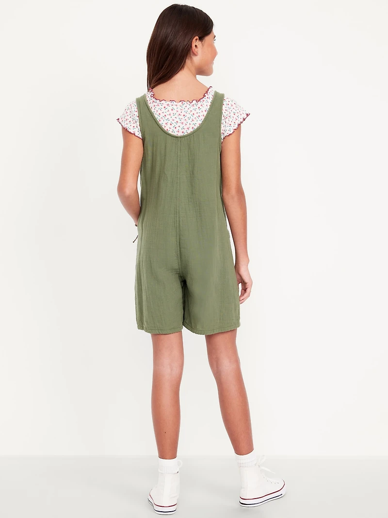 Sleeveless Double-Weave Pocket Romper for Girls
