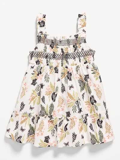 Printed Sleeveless Ruffle-Trim Smocked Dress for Baby