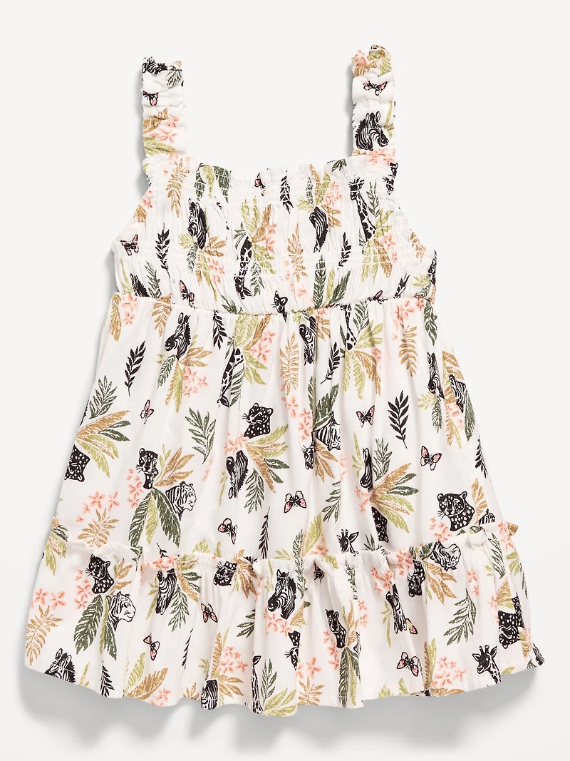 Printed Sleeveless Ruffle-Trim Smocked Dress for Baby