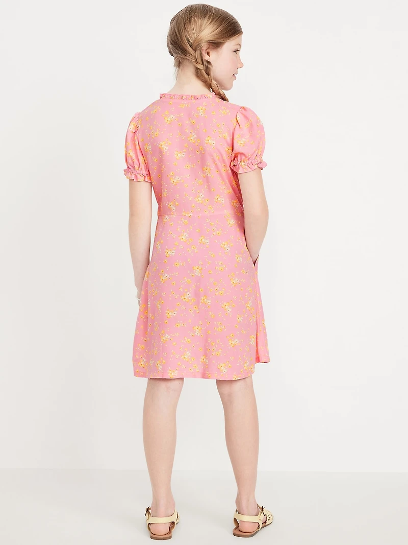 Printed Short-Sleeve Button-Front Fit and Flare Dress for Girls