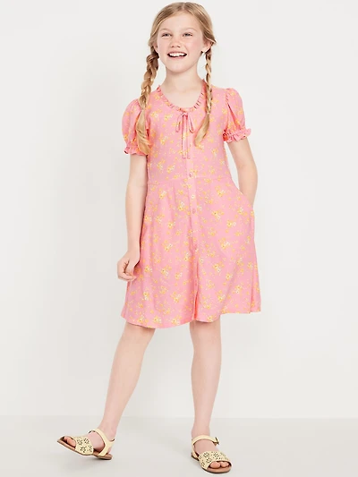 Printed Short-Sleeve Button-Front Fit and Flare Dress for Girls