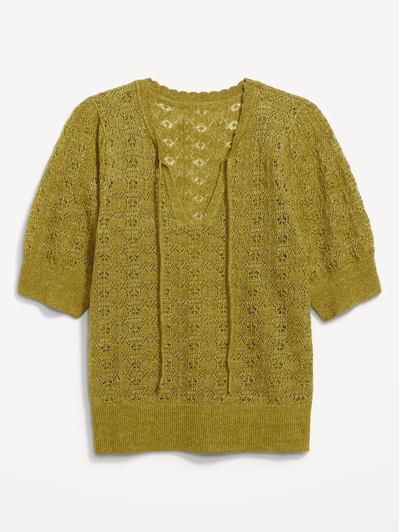 Wool-Blend Puff-Sleeve Tie-Neck Sweater