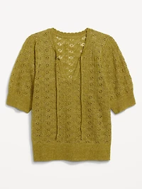 Wool-Blend Puff-Sleeve Tie-Neck Sweater
