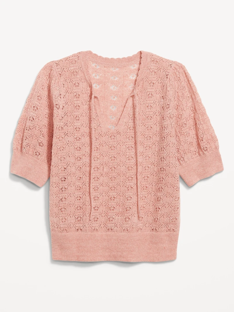 Wool-Blend Puff-Sleeve Tie-Neck Sweater