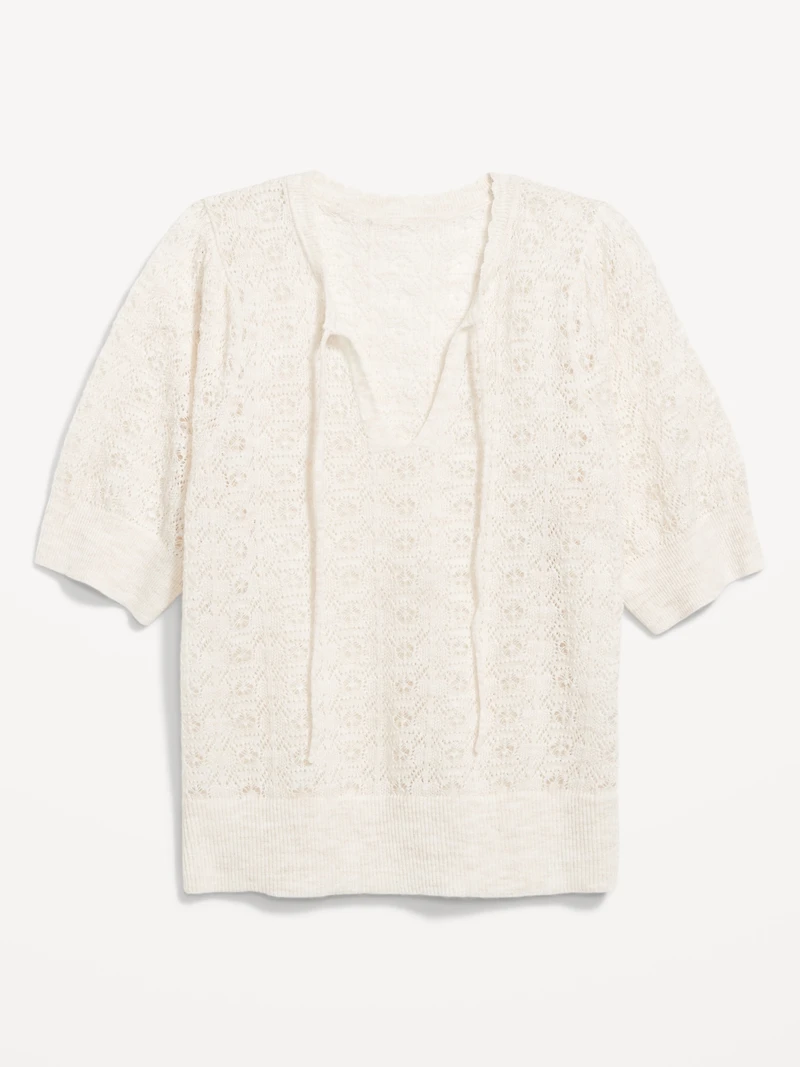 Wool-Blend Puff-Sleeve Tie-Neck Sweater