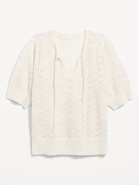 Wool-Blend Puff-Sleeve Tie-Neck Sweater