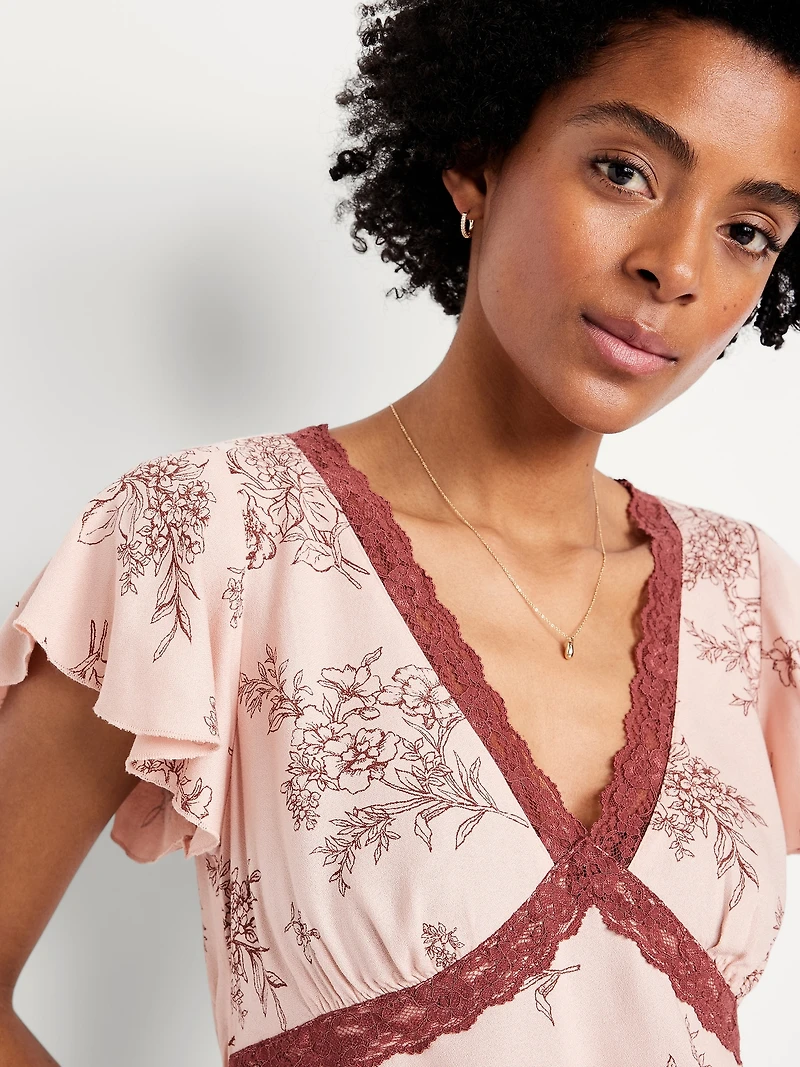 Lace-Trim V-Neck Crepe Top