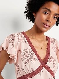 Lace-Trim V-Neck Crepe Top
