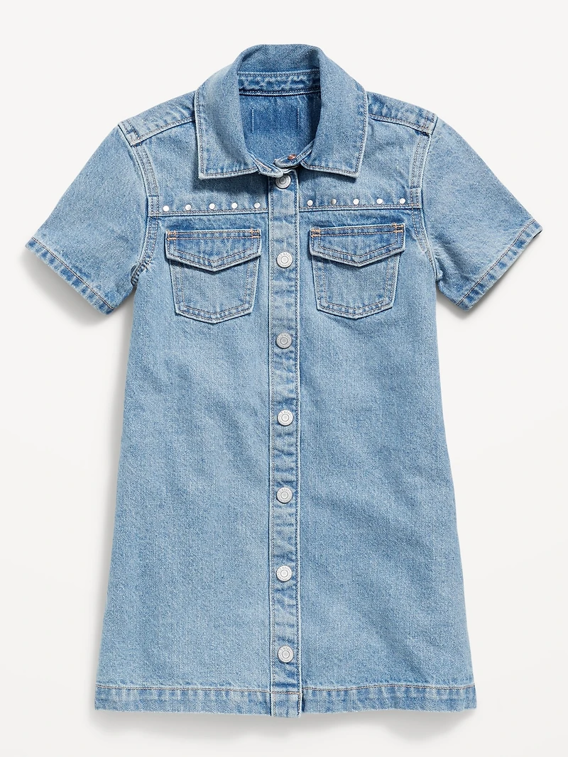 Studded Pocket Jean Shirt Dress for Girls