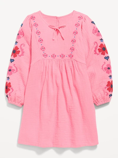 Long-Sleeve Double-Weave Embroidered Swing Dress for Girls