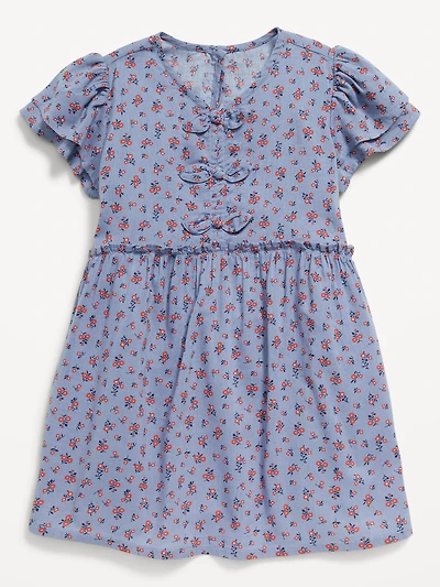 Printed Short-Sleeve Ruffled Bow Dress for Toddler Girls