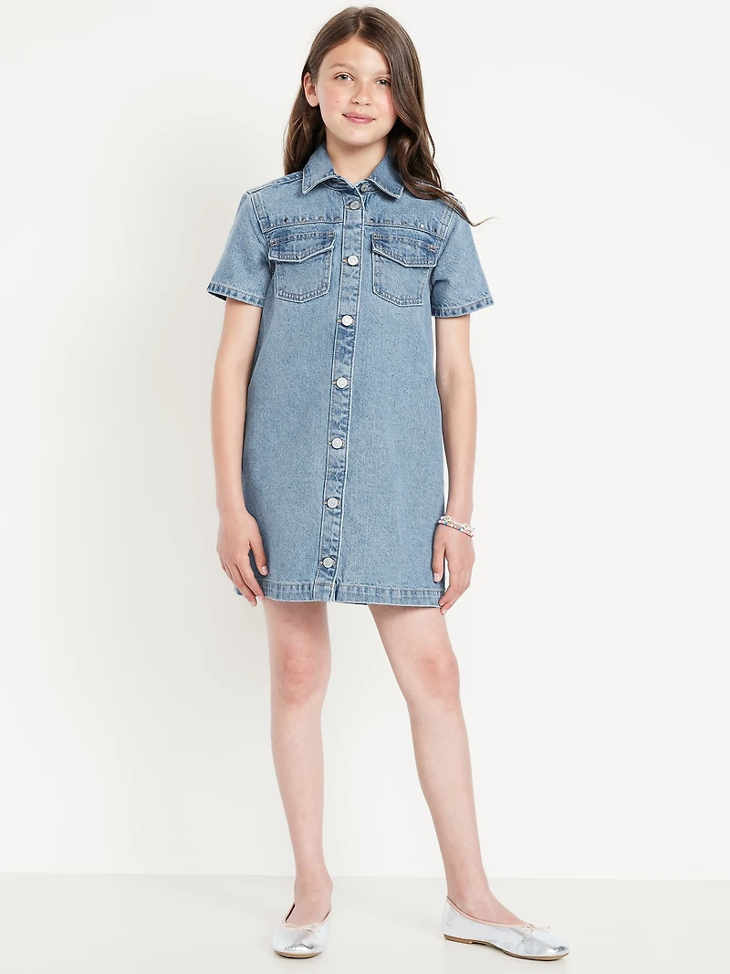 Studded Pocket Jean Shirt Dress for Girls