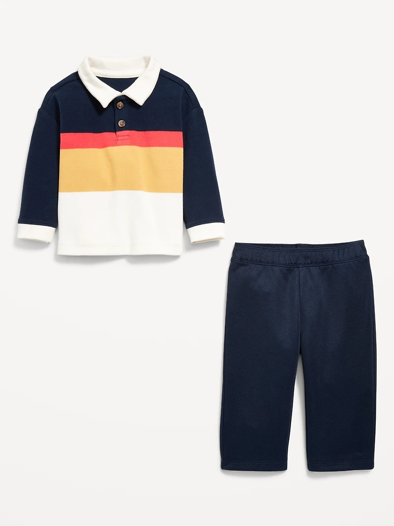 Printed Long-Sleeve Polo Shirt and Pants Set for Baby