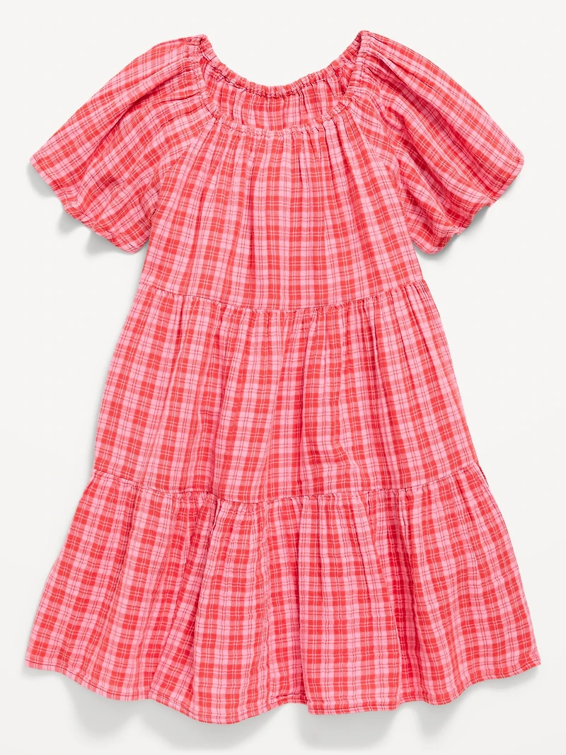Printed Flutter-Sleeve Double-Weave Tiered Swing Dress for Girls