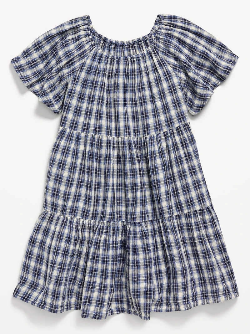 Printed Flutter-Sleeve Double-Weave Tiered Swing Dress for Girls