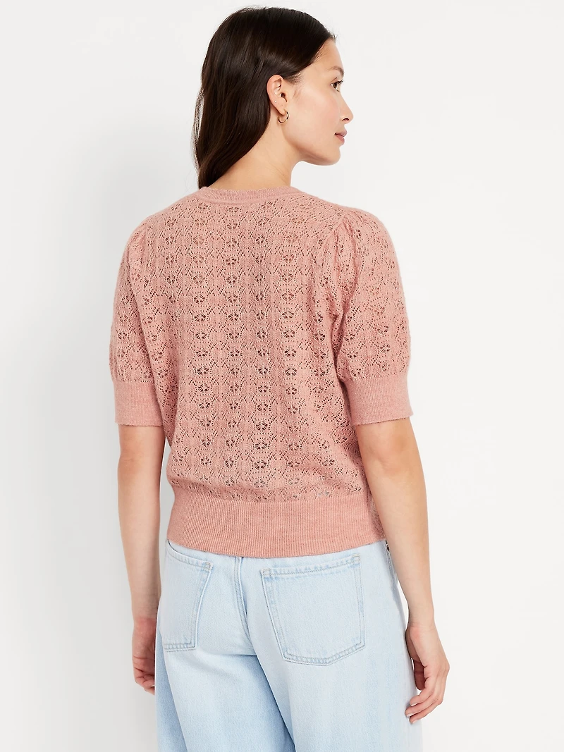 Wool-Blend Puff-Sleeve Tie-Neck Sweater