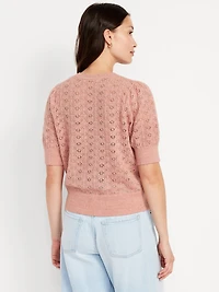 Wool-Blend Puff-Sleeve Tie-Neck Sweater