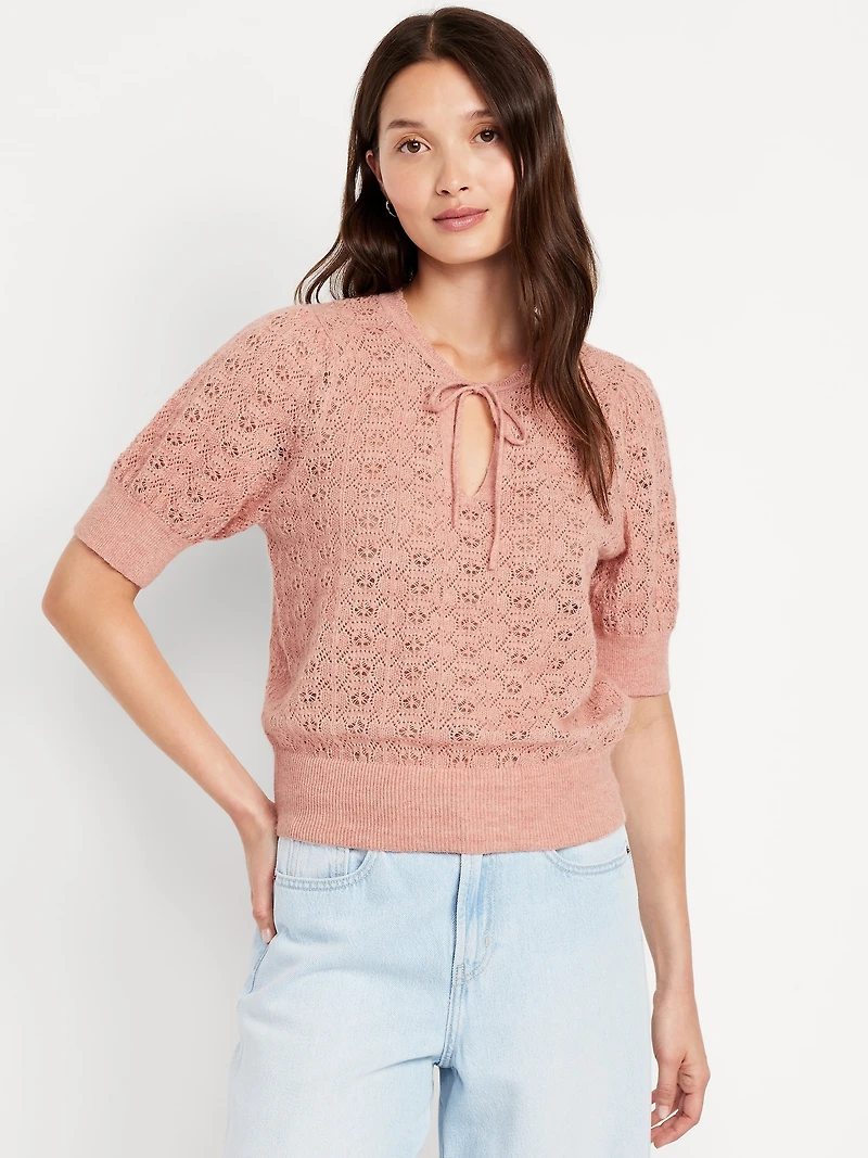 Wool-Blend Puff-Sleeve Tie-Neck Sweater