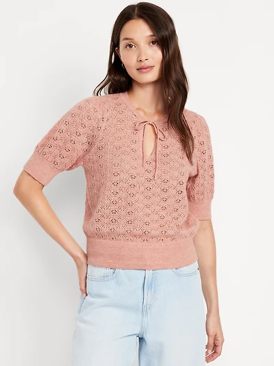 Wool-Blend Puff-Sleeve Tie-Neck Sweater