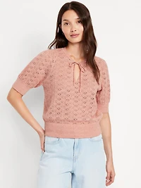 Wool-Blend Puff-Sleeve Tie-Neck Sweater