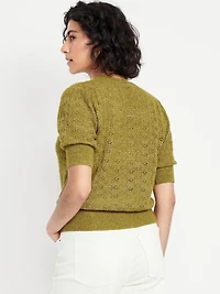Wool-Blend Puff-Sleeve Tie-Neck Sweater