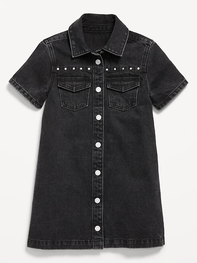 Studded Pocket Jean Shirt Dress for Girls