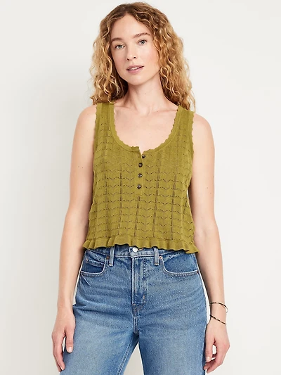 Sleeveless Pointelle Cropped Henley Top