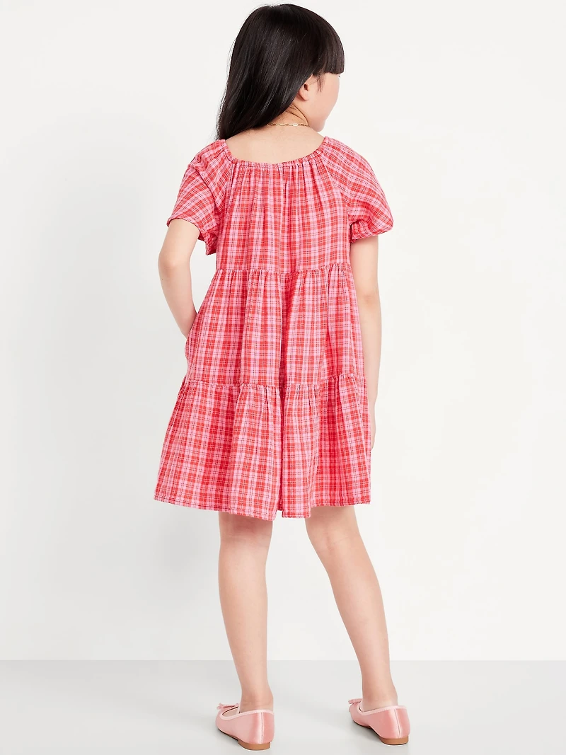 Printed Flutter-Sleeve Double-Weave Tiered Swing Dress for Girls
