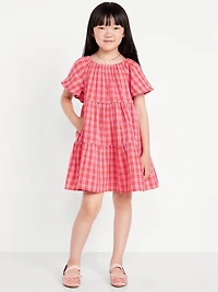 Printed Flutter-Sleeve Double-Weave Tiered Swing Dress for Girls