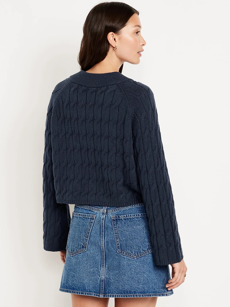 Wool-Blend V-Neck Cable Cropped Sweater