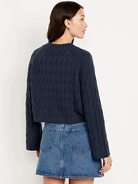 Wool-Blend V-Neck Cable Cropped Sweater
