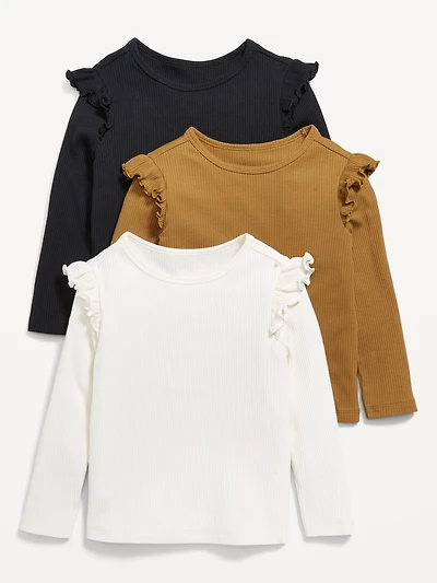 Long-Sleeve Ribbed Ruffle-Trim T-Shirts 3-Pack for Toddler Girls