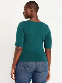 Fitted Double-Layer Elbow-Sleeve Scoop-Neck Top