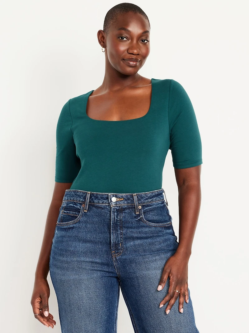 Fitted Double-Layer Elbow-Sleeve Scoop-Neck Top