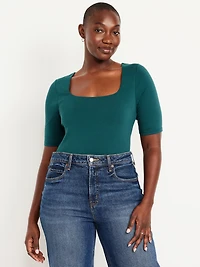 Fitted Double-Layer Elbow-Sleeve Scoop-Neck Top