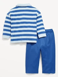 Printed Long-Sleeve Polo Shirt and Pants Set for Baby