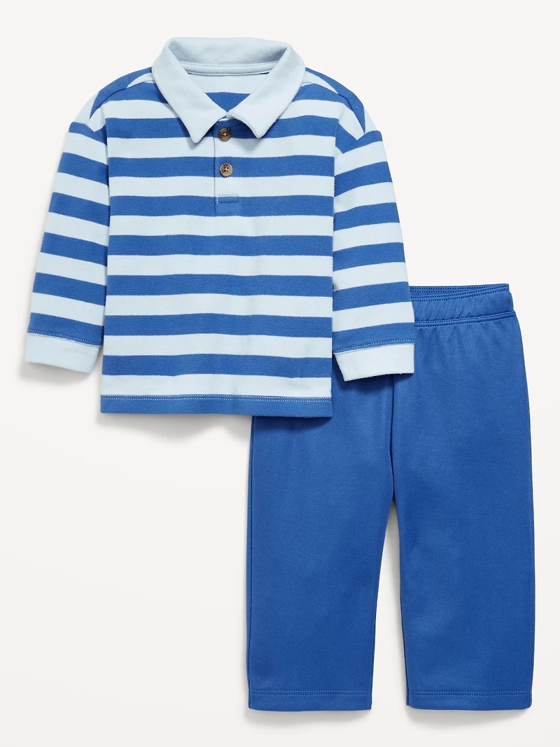 Printed Long-Sleeve Polo Shirt and Pants Set for Baby