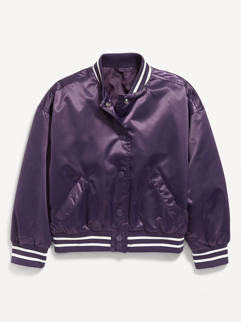 Loose Button-Front Satin Bomber Jacket for Girls