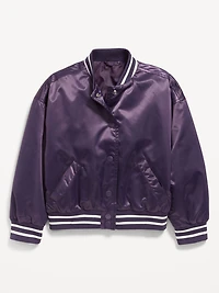 Loose Button-Front Satin Bomber Jacket for Girls