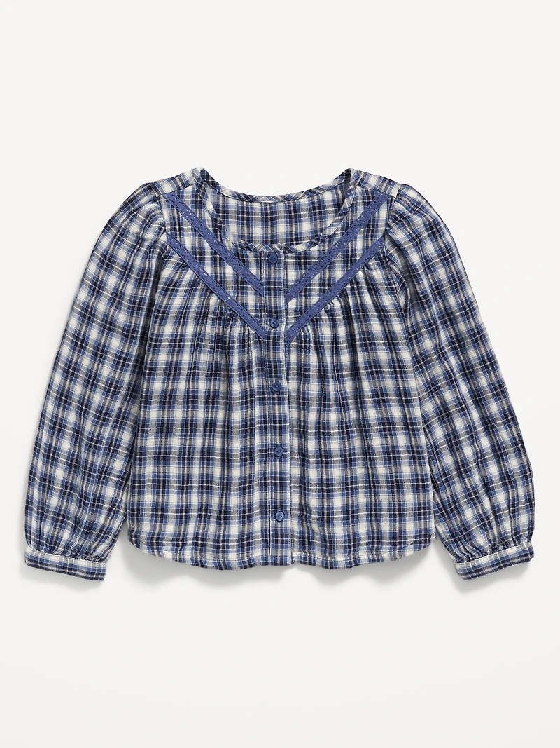 Long-Sleeve Lace Trim Button-Front Top for Girls
