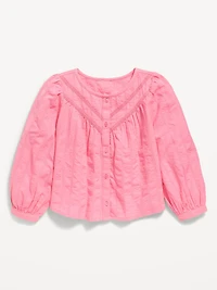 Long-Sleeve Lace Trim Button-Front Top for Girls