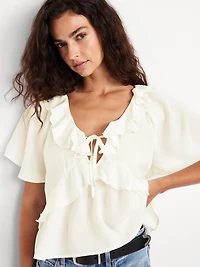 Satin Ruffle Tie-Front Top
