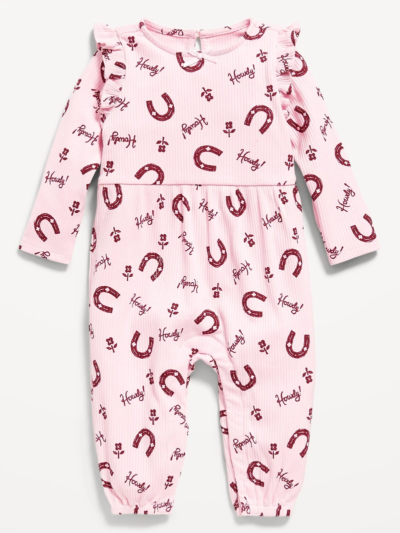 Long-Sleeve Ruffle-Trim Ribbed Jumpsuit for Baby