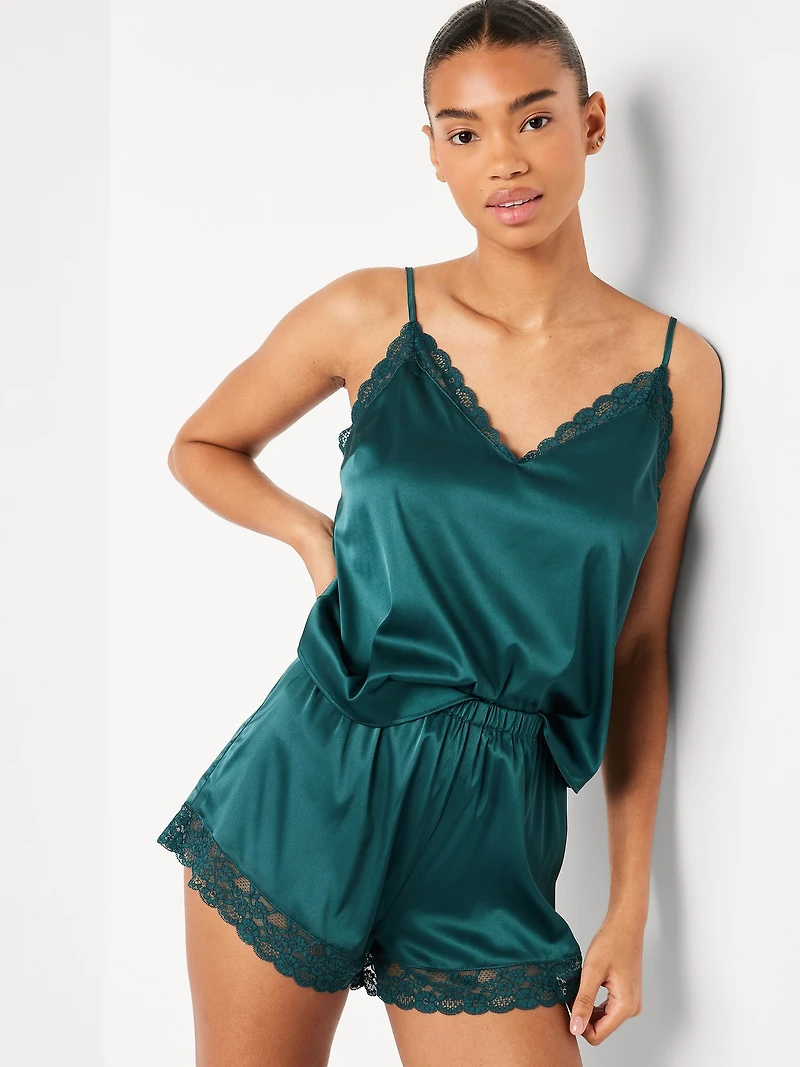 Lace-Trim Satin Pajama Short Set