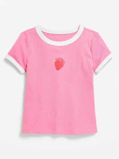 Fitted Short-Sleeve Ribbed Graphic Ringer T-Shirt for Girls