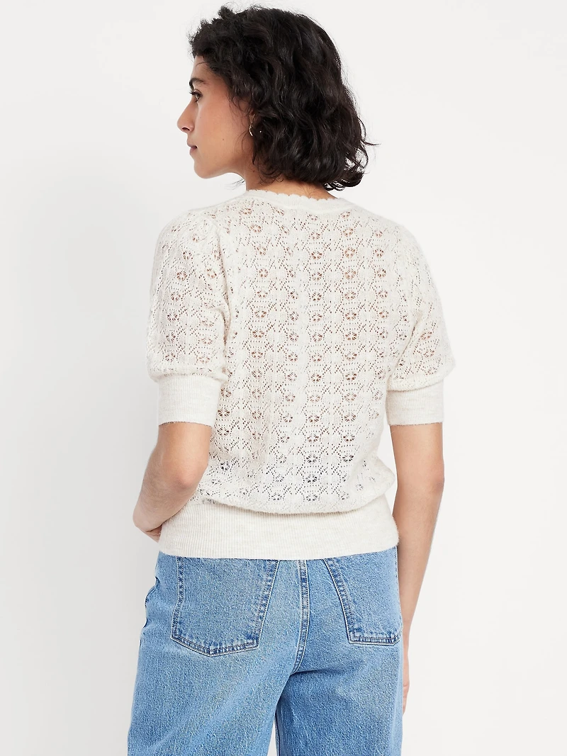 Wool-Blend Puff-Sleeve Tie-Neck Sweater