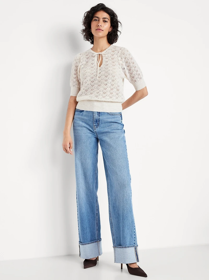 Wool-Blend Puff-Sleeve Tie-Neck Sweater