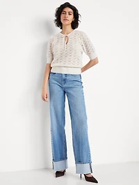 Wool-Blend Puff-Sleeve Tie-Neck Sweater