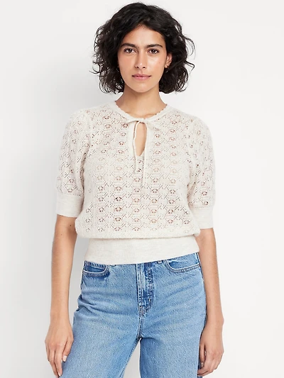 Wool-Blend Puff-Sleeve Tie-Neck Sweater